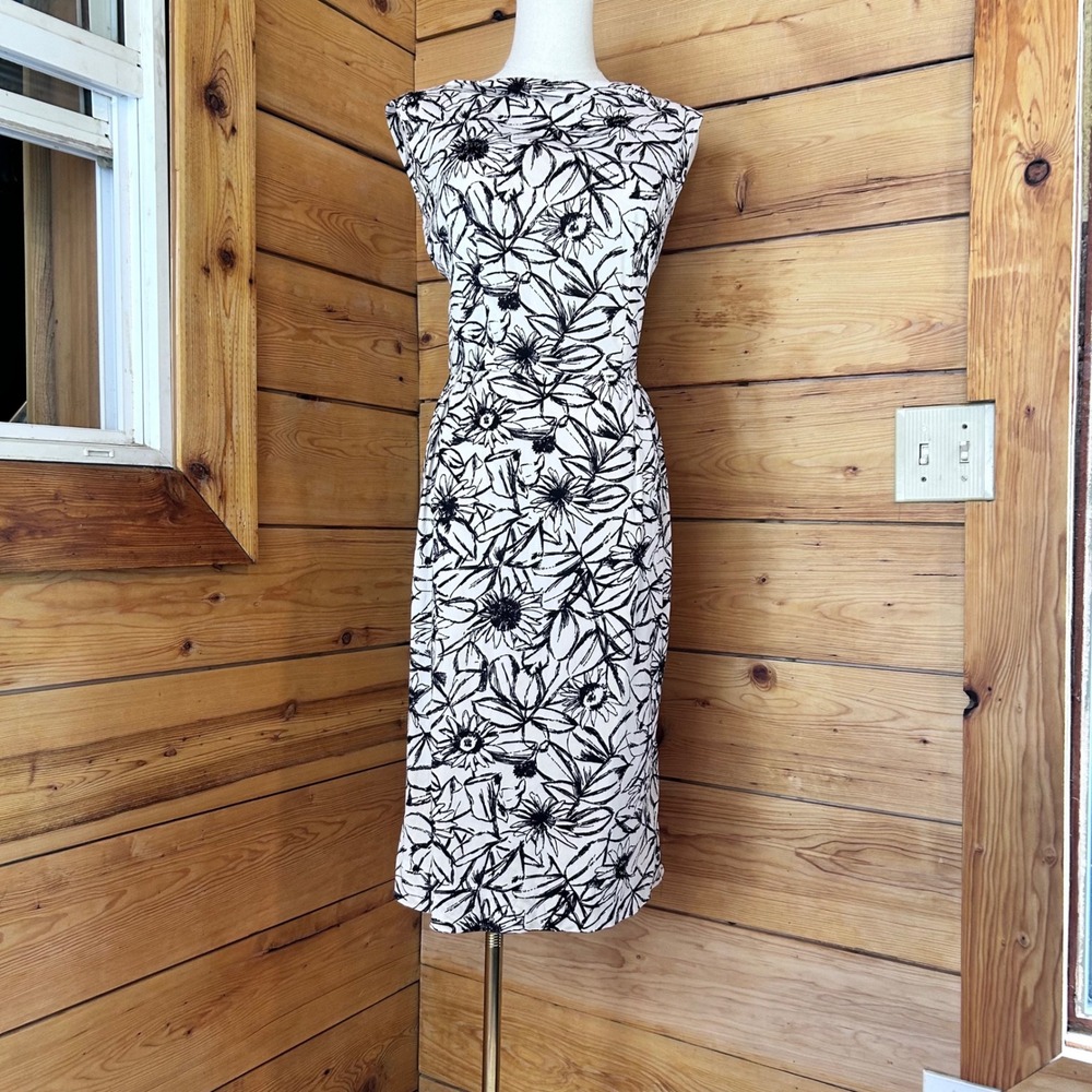 Vintage Floral Wiggle Dress Womens Medium White Black 1960s Mod Kathleen Kent